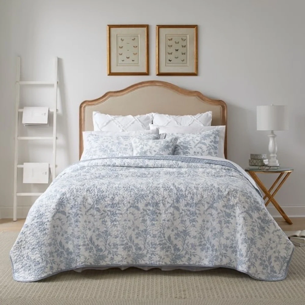 Laura Ashley Amberley Blue King Quilt Bonus Set Cotton Floral Cottage Bedding